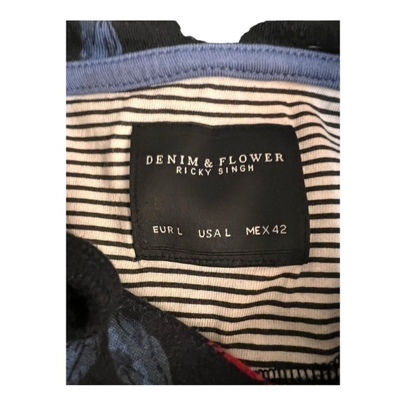 Denim & Flower Long Sleeve Hoodie Shirt Black w Multi Color  Flower Size L - Picture 7 of 8